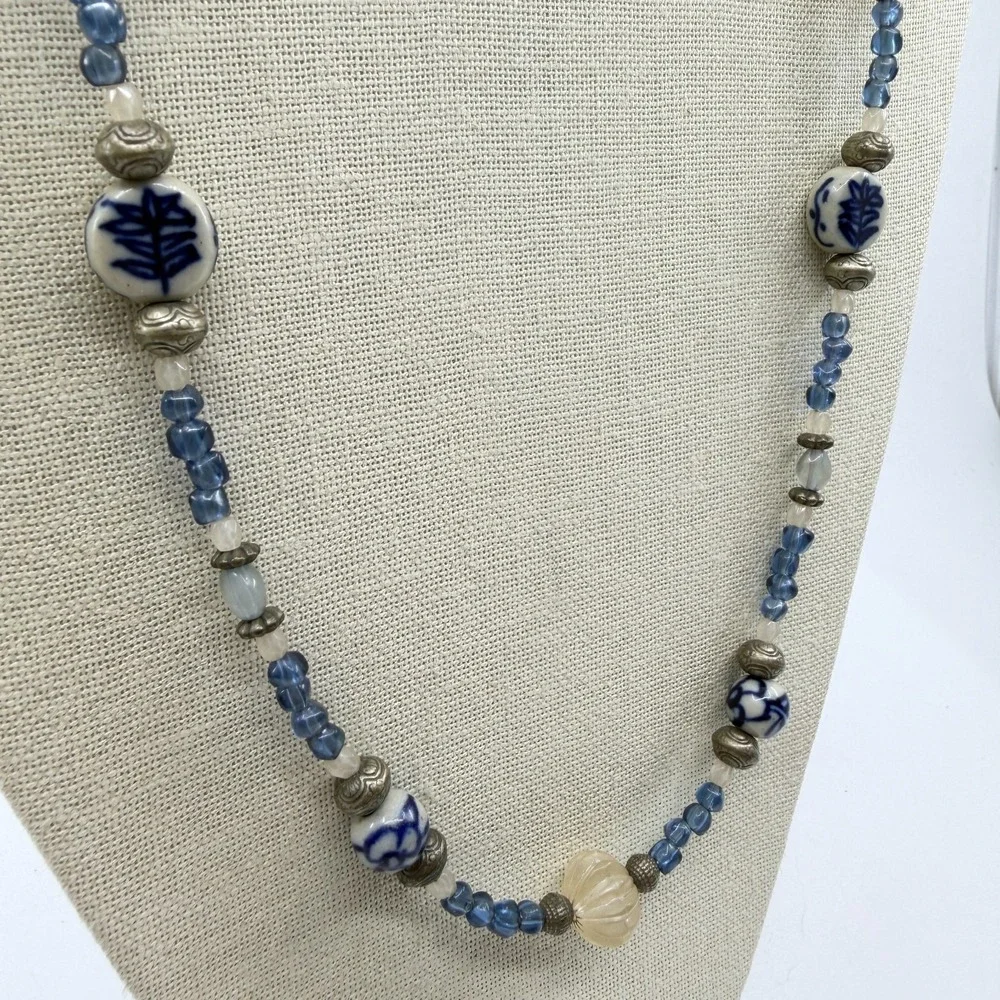 Blue White Porcelain Floral Bead Necklace Carved Acrylic Boho Statement Gift